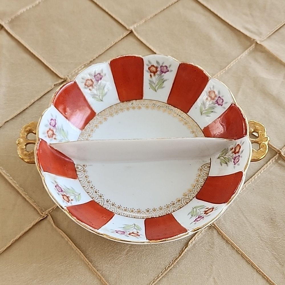 Ucagco china Trinket Dish Occupid Japan Handpainted Floral Dish with Divider